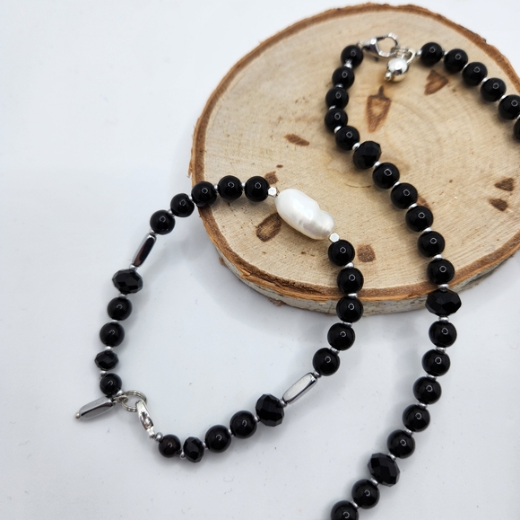 Black Agate, Baroque Pearl necklace and bracelet set - Picture 5 of 5